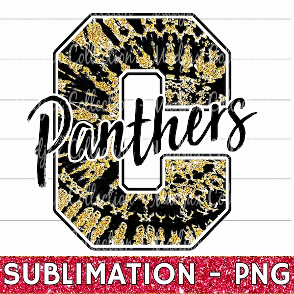 Panthers, Spirit Shirt Design, PNG File, Sublimation Print, Clipart, Tie Dye Team Colors, Black & Gold, Heat Transfer PNG, Varsity Letter C