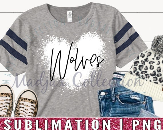Wolves Team, Print on Demand Design, Clipart, Heart, Delicate Font, School Spirit PNG, Mascot Tee, Fake Bleach Splatter, Commercial Use