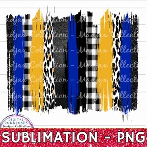 Pode incluir: Um design digital com pinceladas verticais em azul, dourado, preto e branco, com padrões de leopardo e xadrez. O design inclui o texto "SUBLIMATION - PNG" e o logotipo Madjax Collection.