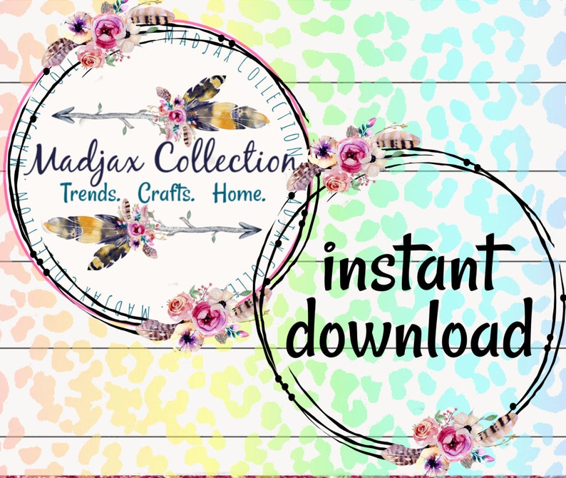 May include: A digital graphic featuring two circular frames with floral and feather accents. The left circle displays the text Madjax Collection Trends. Crafts. Home. The right circle contains the text instant download. The background is a rainbow leopard print.