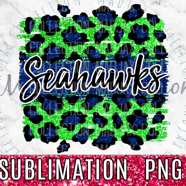 Football lycéen, Seahawks, carré léopard, vert citron et bleu marine, coup de pinceau double, PNG pour sublimation, footballeur maman, couleurs de l'équipe, paillettes