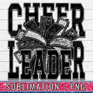 Faux Embroidery Cheerleader PNG: Black & Silver Sequins Sublimation Design