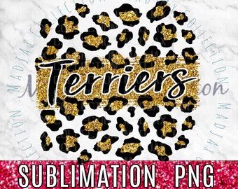 Team Terriers, Leopard Square Brush Stroke, Sublimatie, PNG-bestand, Goud & Zwart, Voetbalmoeder, Honkbalteam, Heat Transfer Design, Mascotte