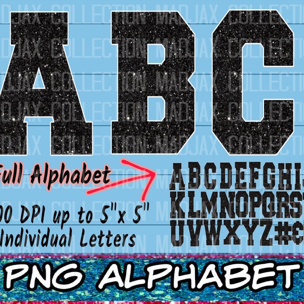 Varsity Glitter Alphabet Set. PNG Sublimation, Instant Download, Black Glitter, Clipart ABC's, White Outline, 5x5 inches, Individual Letters