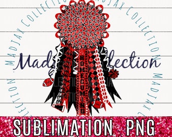 May include: A red, black, and white homecoming mum with ribbons, footballs, and the text "Homecoming". The mum has a large, decorative flower at the top and the text "Sublimation PNG" at the bottom.