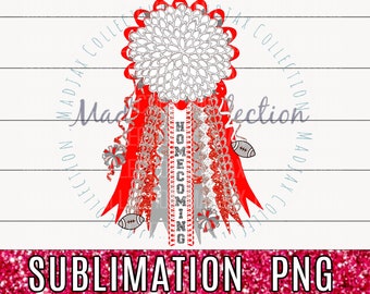 May include: A digital design for a homecoming mum, featuring a large white and silver flower, red ribbons, and the word "HOMECOMING". The design includes football accents and the text "SUBMLIMATION PNG".