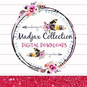 May include: A black and white circle logo with the text "Madjax Collection Digital Downloads" surrounded by pink and blue floral designs and feathers.