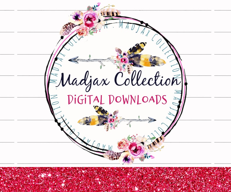 May include: A black and white circle logo with the text "Madjax Collection Digital Downloads" surrounded by pink and blue floral designs and feathers.