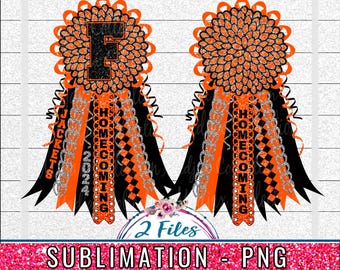 May include: Two homecoming mum designs with orange, black, and silver ribbons. One features a large black letter "F" and the word "JACKETS". The other says "HOMECOMING 2024". The design includes the text "SUBLIMATION - PNG".