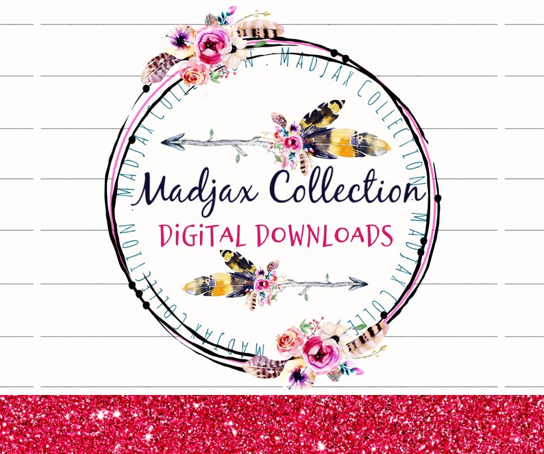 May include: A white circle with a black outline and pink and blue accents. The circle contains the text "Madjax Collection Digital Downloads" with a floral design and arrows. The background is a white grid with a pink glitter border.
