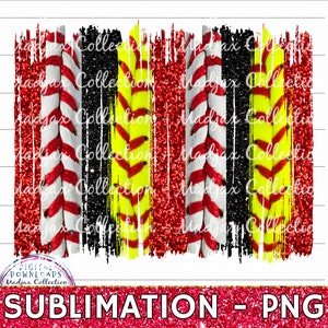 May include: A digital sublimation design featuring a red, white and black baseball stitch pattern with yellow and black glitter accents. The design is perfect for creating custom apparel, home decor and other crafts.