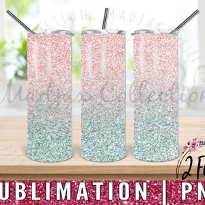 May include: Three tall, cylindrical tumblers featuring a glittery ombre design that transitions from a soft rose gold at the top to a cool teal at the bottom. Each tumbler includes a clear lid and a thin, straight metal straw inserted at the top.