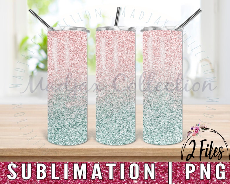 May include: Three tall, cylindrical tumblers featuring a glittery ombre design that transitions from a soft rose gold at the top to a cool teal at the bottom. Each tumbler includes a clear lid and a thin, straight metal straw inserted at the top.