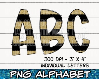 Alphabet Set, Gold and Black Stripes A-Z, Individual Letters, PNG Files, Sublimation, Print and Cut, Instant Download, Commercial Use