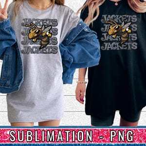 May include: Two sublimation designs featuring a black and gold bee with the text "Jackets" repeated four times. The designs are on a grey and black t-shirt.