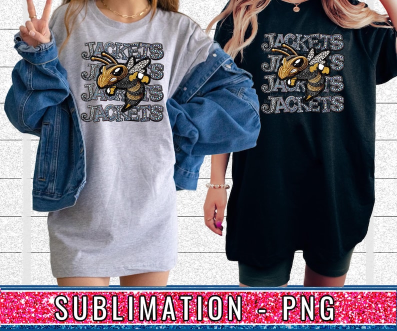 May include: Two sublimation designs featuring a black and gold bee with the text "Jackets" repeated four times. The designs are on a grey and black t-shirt.