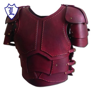 May include: Burgundy leather armor with a segmented design, featuring a chest plate, shoulder pads, and straps. The armor is crafted with intricate stitching and rivets.