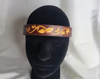 Pyrography Leather Headband - Italian Vegtan Leather Autumn Circlet