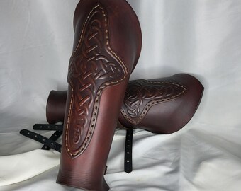 Embossed Notwork Cross Greaves Handmade for SCA LARP Cosplay & Fantasy fairs