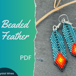 May include: Beaded feather earrings in turquoise, black, red and yellow. The earrings are hanging from silver ear wires. The image text reads "Beaded Feather PDF Crystal Wires".