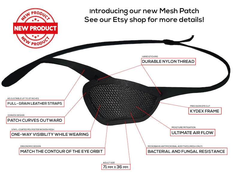 Peut inclure: Patch oculaire noir avec un design en maille et des sangles en cuir r&eacute;glables. Le patch est fabriqu&eacute; avec un mat&eacute;riau respirant et comporte un cadre en Kydex. Il est con&ccedil;u pour &eacute;pouser le contour de l'orbite oculaire et offre une visibilit&eacute; unidirectionnelle pendant le port. Le patch mesure 71 mm x 36 mm.