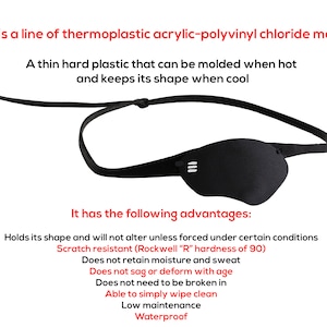 Peut inclure: Un cache-&oelig;il noir en Kydex, un mat&eacute;riau thermoplastique acrylique-chlorure de polyvinyle. Le Kydex est un plastique fin et dur qui peut &ecirc;tre moul&eacute; &agrave; chaud et conserve sa forme lorsqu'il refroidit. Il est r&eacute;sistant aux rayures, imperm&eacute;able et ne retient pas l'humidit&eacute; ni la transpiration. Il est &eacute;galement durable et ne s'affaisse pas ni ne se d&eacute;forme avec l'&acirc;ge.