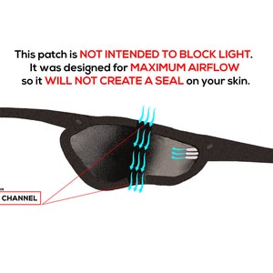 Peut inclure: Patch oculaire noir avec un canal d'a&eacute;ration int&eacute;gr&eacute;. Le texte sur l'image indique : "Ce patch n'est PAS DESTIN&Eacute; &Agrave; BLOQUER LA LUMI&Egrave;RE. Il a &eacute;t&eacute; con&ccedil;u pour un D&Eacute;BIT D'AIR MAXIMUM afin qu'il NE CR&Eacute;E PAS DE JOINT sur votre peau. ATT&Eacute;NUATION DE L'HUMIDIT&Eacute; CANAL D'A&Eacute;RATION"