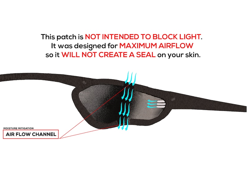 Peut inclure: Patch oculaire noir avec un canal d'a&eacute;ration int&eacute;gr&eacute;. Le texte sur l'image indique : "Ce patch n'est PAS DESTIN&Eacute; &Agrave; BLOQUER LA LUMI&Egrave;RE. Il a &eacute;t&eacute; con&ccedil;u pour un D&Eacute;BIT D'AIR MAXIMUM afin qu'il NE CR&Eacute;E PAS DE JOINT sur votre peau. ATT&Eacute;NUATION DE L'HUMIDIT&Eacute; CANAL D'A&Eacute;RATION"
