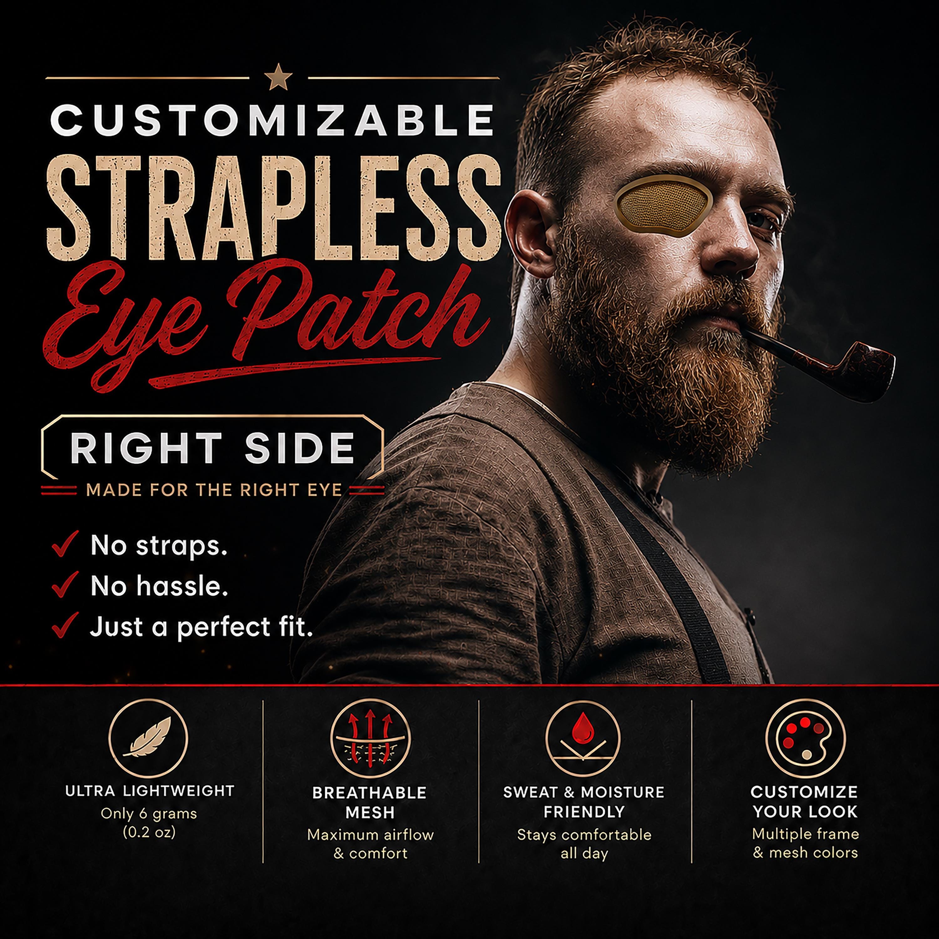 RIGHT Eye - Customizable Strapless Mesh Eye Patch, Choose Colors, Adhesive Samples
