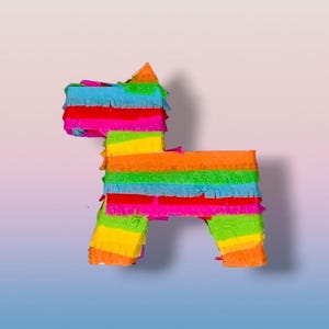 May include: A colorful, handmade piñata in the shape of a dog. The piñata is decorated with vibrant layers of red, orange, yellow, green, blue, and pink crepe paper. The dog-shaped piñata is a festive party decoration.