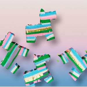 May include: A collection of dog-shaped piñatas in vibrant colours, including green, pink, blue, and gold. Some are intact, others partially disassembled. The background is a gradient of pink and blue, creating a playful scene.