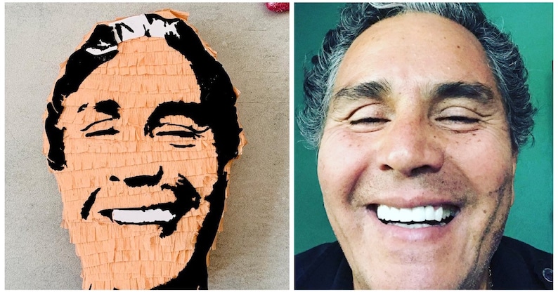 May include: A close-up of a person's face. The person is smiling and has a full head of gray hair. The person's face is also depicted on a piñata.