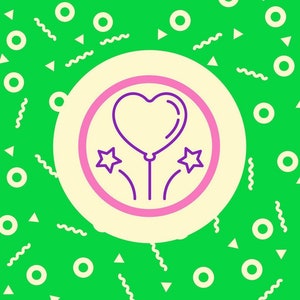 May include: A purple heart-shaped balloon with two purple stars on either side of the balloon. The balloon is tied with a purple string and is inside a pink and white circle.