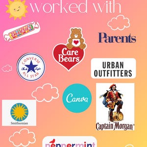 May include: A colorful graphic showcasing logos of various brands, including "Smarties," "Care Bears," "Converse," "Parents," "Urban Outfitters," "Smithsonian," "Canva," "Captain Morgan," and "peppermint park." The text "Brands we've worked with" is at the top.