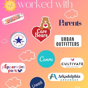 May include: A graphic display on a pink and yellow gradient background with the text Brands we've worked with. It features logos for Smarties, Care Bears, Parents, Converse, Urban Outfitters, Canva, Cultivate, Peppermint Park, Liweli, and Arkadelphia.