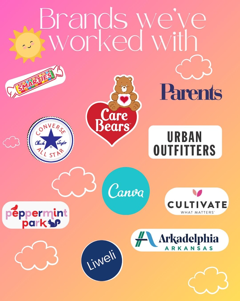 May include: A graphic display on a pink and yellow gradient background with the text Brands we've worked with. It features logos for Smarties, Care Bears, Parents, Converse, Urban Outfitters, Canva, Cultivate, Peppermint Park, Liweli, and Arkadelphia.