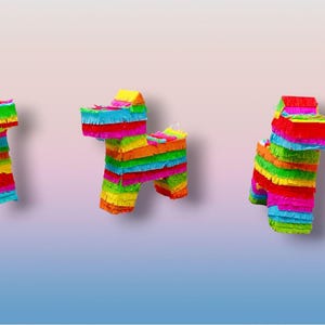 May include: Three colorful dog-shaped piñatas. Each piñata is made of layered crepe paper in a rainbow of colors, including red, orange, yellow, green, blue, and purple. The piñatas are set against a gradient background of pink and blue.