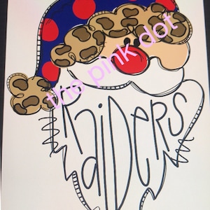 May include: A cartoon Santa Claus with a leopard print hat and a red and blue polka dot hat. The Santa Claus has a white beard with the word "Raiders" written on it.