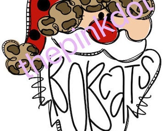 May include: A black and white illustration of Santa Claus with a red and brown hat. The hat has black polka dots and a brown leopard print. The beard is styled to say "Bobcats".