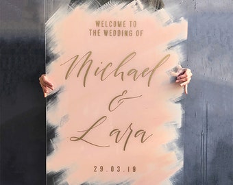 Wedding Welcome Sign. Blush Acrylic Wedding Sign. Pink Hand Painted Wedding Welcome Sign. Wedding Ceremony. Gold Calligraphy Signs