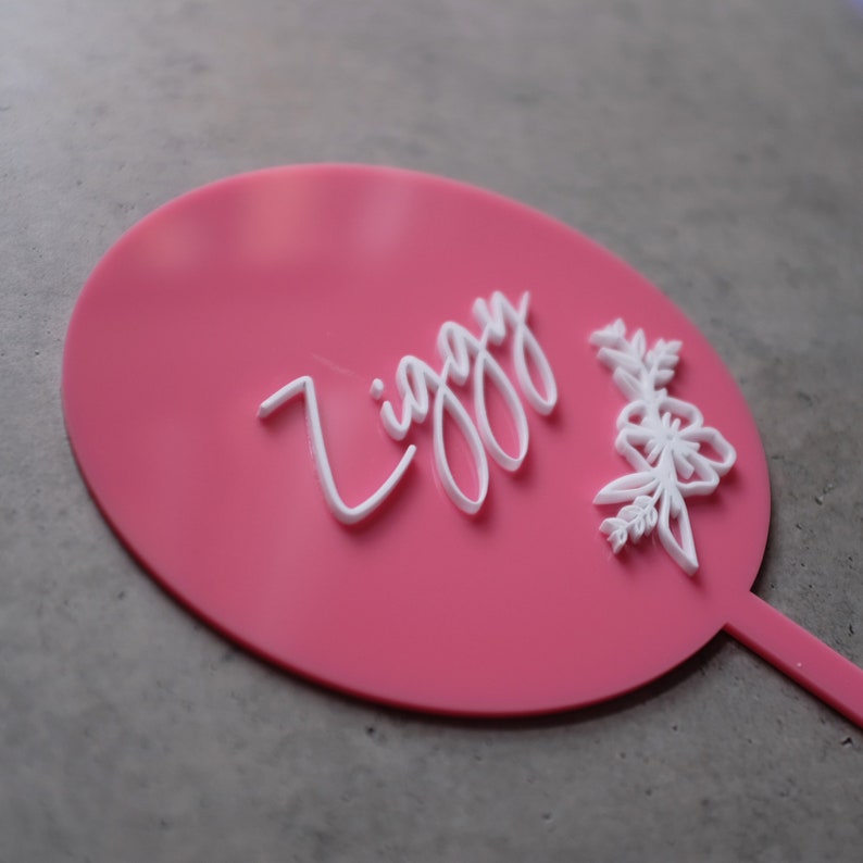 Pink Acrylic Cake Topper With Flowers. Personalised Name Cake Etsy