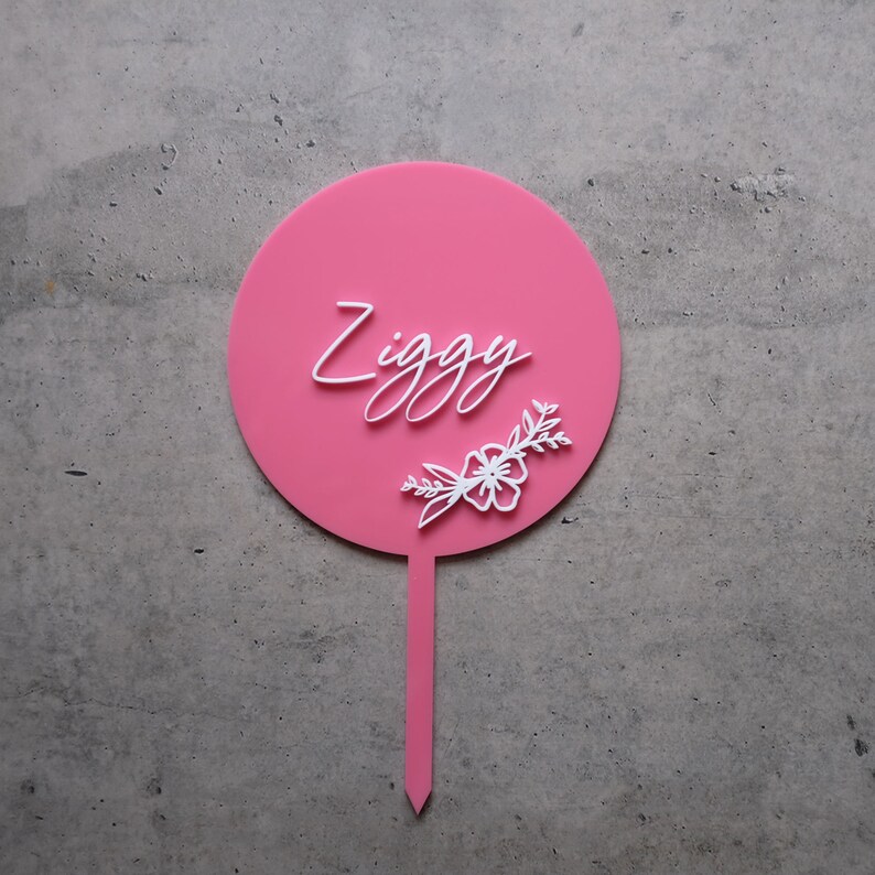 Pink Acrylic Cake Topper With Flowers. Personalised Name Cake Etsy
