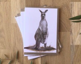 4 x Kangaroo and joey cards - Eastern grey kangaroo and joey illustration blank greeting card, Australian stationery