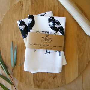 Set of 2 Magpies on clothesline tea towels - premium cotton, handprinted - Australian magpies, housewarming gifts, magpies fan