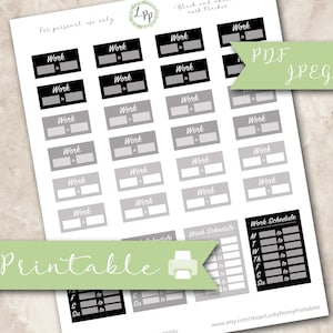 Zwart-wit werkschema, gewone, afdrukbare plannerstickers, erin condren, werkuren, gelukkige planner, digitaal, jpeg, pdf