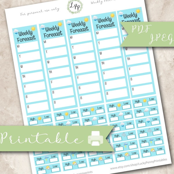 Weekly forecast tracker sidebar and boxes, erin condren, life planner, happy planner, weather, instant download, printable, jpeg, pdf