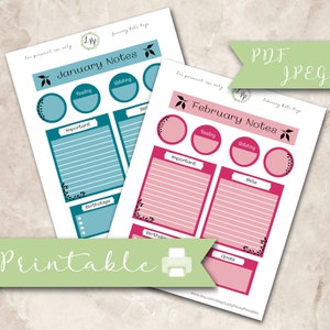 Puede incluir: Páginas imprimibles de notas para enero y febrero con fondos azul verdoso y rosa. Cada página tiene secciones para lectura, visualización, importante, facturas, cumpleaños y objetivos. Las páginas están decoradas con diseños florales negros.