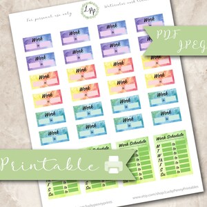 Aquarel werkschema stickers, afdrukbaar, planner, erin condren, werkuren, happy planner, levensplanner, digitaal, jpeg, pdf