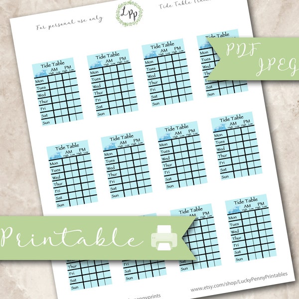 Tide Table, weekly, printable planner stickers, erin condren, high tide, low tide