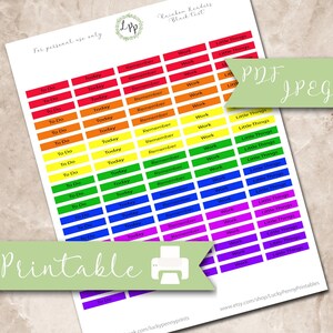 May include: Printable rainbow planner stickers with black text. The stickers include the words "To Do", "Today", "Remember", "Work", and "Little Things".